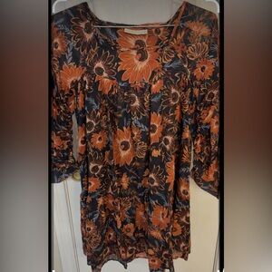 NWOT Happy X Nature Boho Style Brown & Black Floral Dress Long Sleeves  Size XS